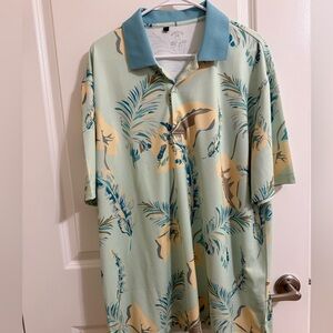 NWOT Monterey Bay Men's Leaf Print Polo - Teal and Beige